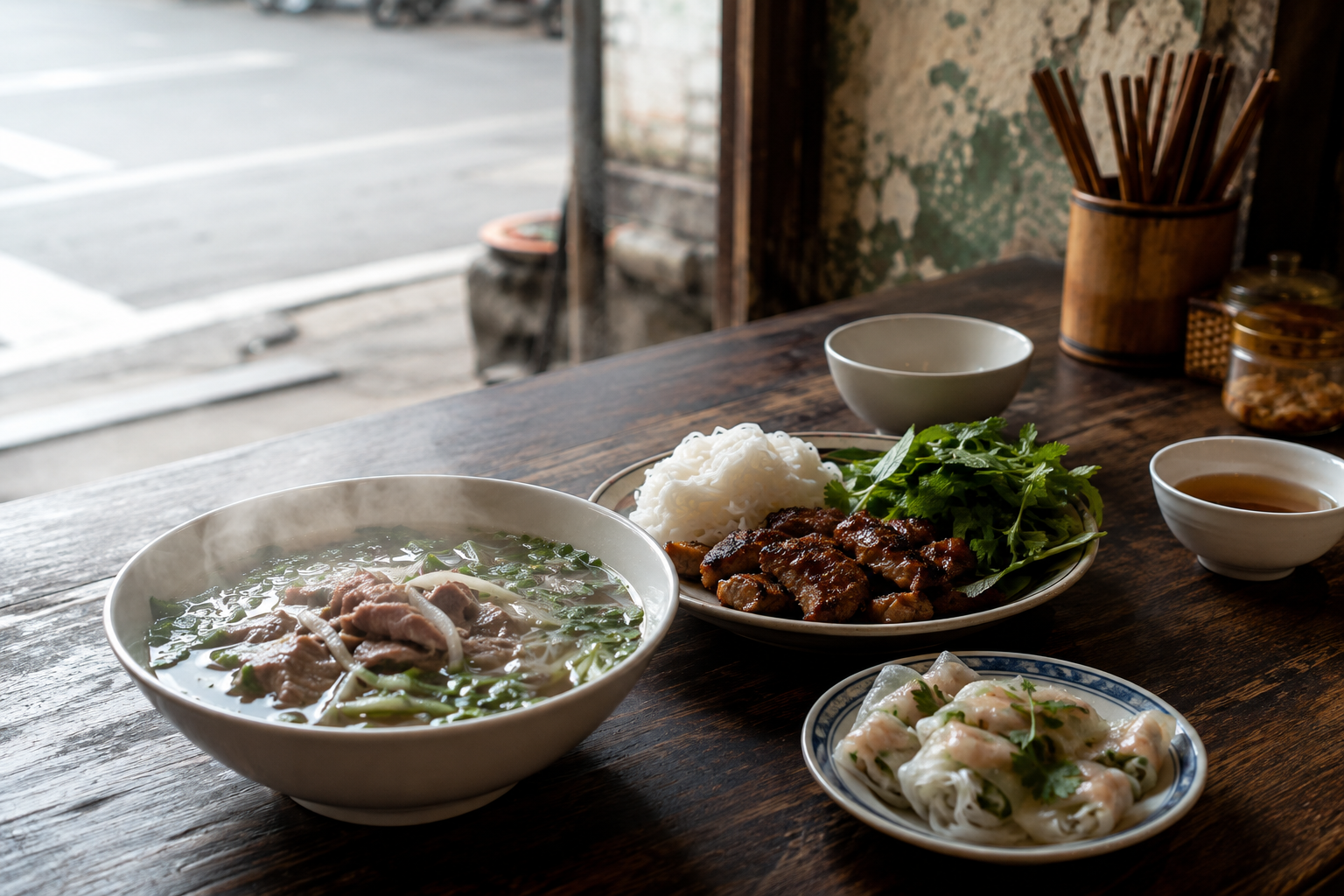 Bàn ăn sáng với các món Hà Nội
